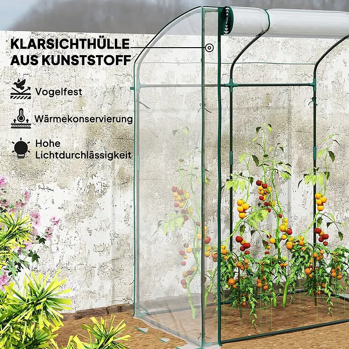 Outsunny Gewächshaus - 128 x 70 cm, Material Seitenwand: Kunststoff, 0,3 mm, Grün - Transparentes Kunststoffgewächshaus mit grünem Rahmen, das Tomatenpflanzen schützt.