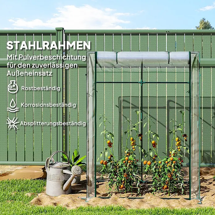 Outsunny Gewächshaus - 128 x 70 cm, Material Seitenwand: Kunststoff, 0,3 mm, Grün - Kleines Gewächshaus mit grünem Stahlrahmen und transparenter Abdeckung, für Tomaten im Garten.