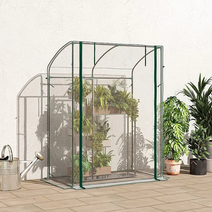 Outsunny Gewächshaus - 128 x 70 cm, Material Seitenwand: Kunststoff, 0,3 mm, Grün - Kompaktes transparentes Gewächshaus mit grünem Rahmen, bepflanzt, ideal für den Terrassengarten.