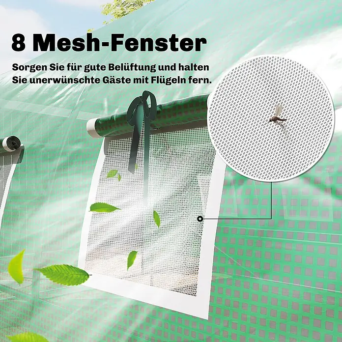 Outsunny Gewächshaus - 295 x 400 cm, Material Seitenwand: Kunststoff, 0,3 mm, Grün - Grünes Gewächshaus mit acht Netzfenstern für Belüftung und zum Fernhalten geflügelter Schädlinge.