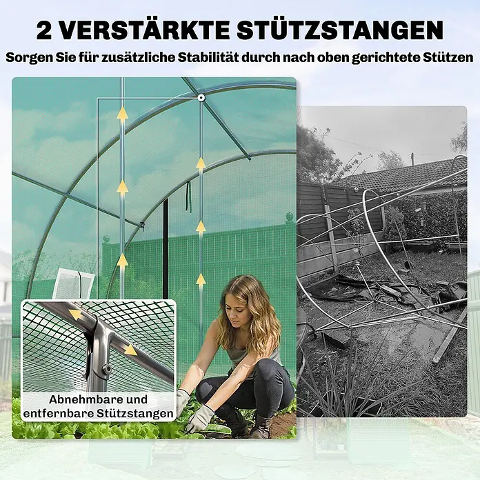 Outsunny Gewächshaus - 295 x 400 cm, Material Seitenwand: Kunststoff, 0,3 mm, Grün - Verstärktes Gewächshaus mit zwei stabilen, abnehmbaren Stützstangen für Stabilität, im Kontrast zu einer eingestürzten Struktur.