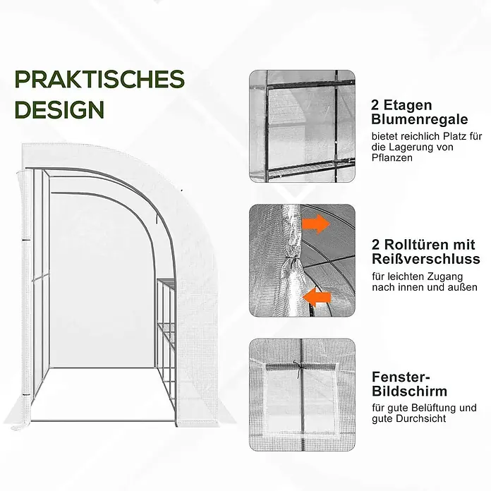 Outsunny Gewächshaus - 300 x 150 cm, Material Seitenwand: Kunststoff, 0,3 mm, Weiß - Gewächshaus mit 2 Etagen Regalen, 2 Rolltüren mit Reißverschluss und Fenstern mit Bildschirm.