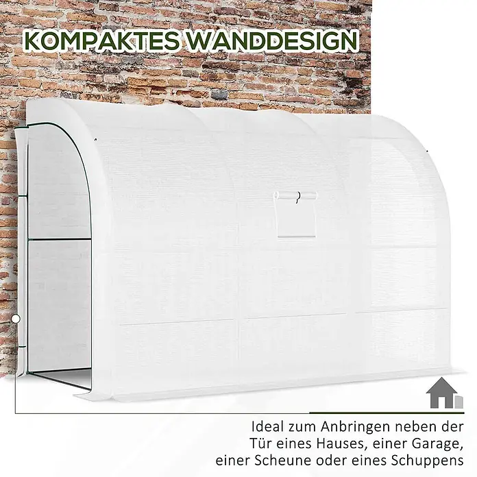 Outsunny Gewächshaus - 300 x 150 cm, Material Seitenwand: Kunststoff, 0,3 mm, Weiß - Weißes, kompaktes Anlehngewächshaus zur Wandmontage.