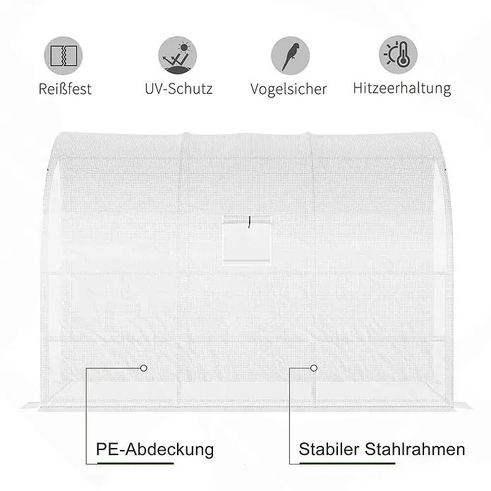 Outsunny Gewächshaus - 300 x 150 cm, Material Seitenwand: Kunststoff, 0,3 mm, Weiß - Weißer Anzuchttunnel mit PE-Abdeckung und stabilem Stahlrahmen für Pflanzenschutz und Wärmeerhaltung.