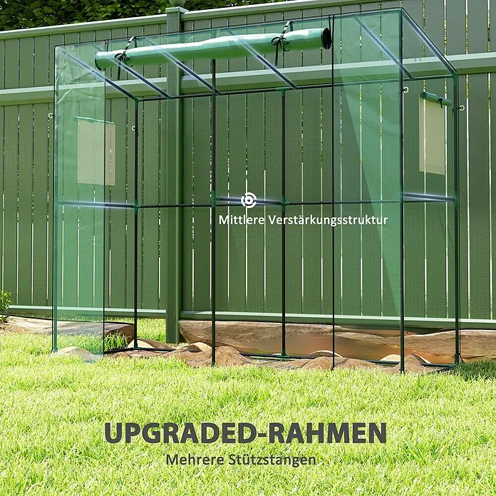 Outsunny Gewächshaus - 200 x 76 cm, Material Seitenwand: Kunststoff, 0,3 mm, Dunkelgrün - Kleines grünes Gewächshaus mit transparenter Abdeckung und verstärktem schwarzem Rahmen. Verfügt über verbesserte Stützstangen und eine Mittelverstärkungsstruktur.