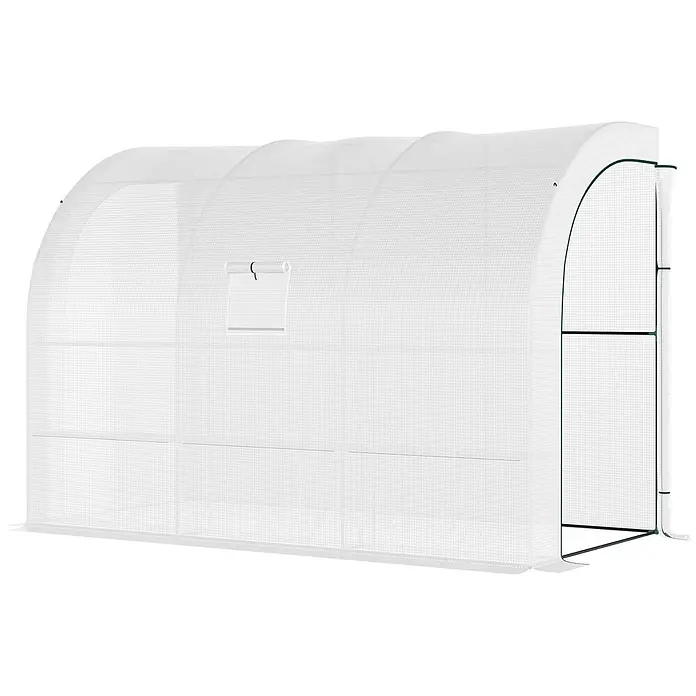 Furnicato Gewächshaus - Außenmaß inkl. Dachüberstand (B x T): 150 x 300 cm, Material Seitenwand: Kunststoff, 14 mm, weiß - Weißes Tunnelgewächshaus mit Netzabdeckung, aufrollbarem Fenster und grünem Rahmen.