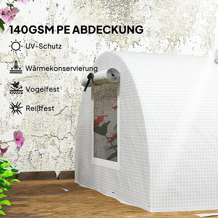 Outsunny Gewächshaus - 300 x 80 cm, Material Seitenwand: Kunststoff, 0,3 mm, Dunkelgrau - Weiße 140GSM PE Pflanzenabdeckung mit aufrollbarem Fenster, bietet UV-Schutz, Wärmeerhaltung, ist vogelfest und reißfest.