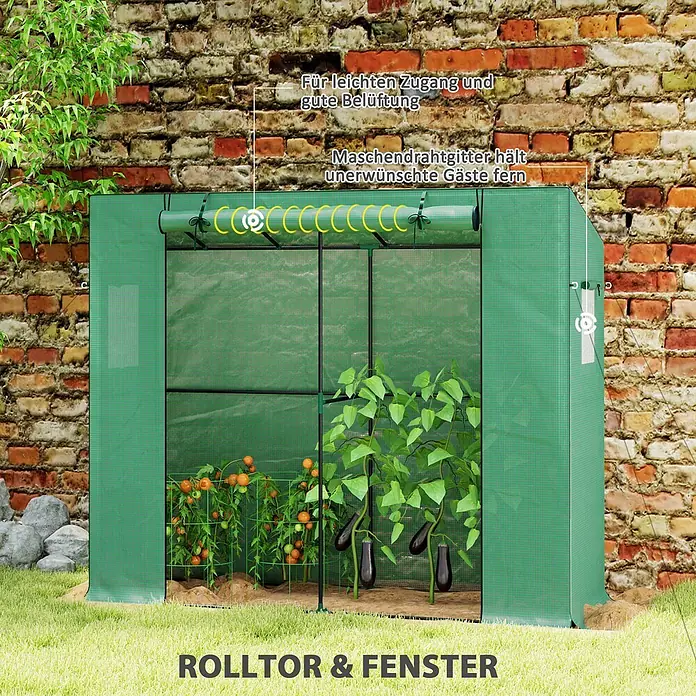 Outsunny Gewächshaus - 200 x 76 cm, Material Seitenwand: Kunststoff, 0,3 mm, Dunkelgrün - Grünes, tragbares Gewächshaus mit Rolltor und Fenster, gefüllt mit Tomaten- und Auberginenpflanzen.