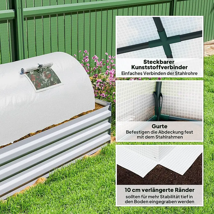 Outsunny Gewächshaus - 300 x 80 cm, Material Seitenwand: Kunststoff, 0,3 mm, Dunkelgrau - Weiße Minigewächshausabdeckung mit Kunststoffverbindern, Befestigungsgurten und verlängerten Rändern über einem Hochbeet.