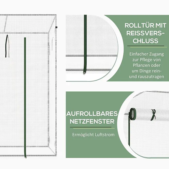 Outsunny Gewächshaus - 200 x 76 cm, Material Seitenwand: Kunststoff, 0,3 mm, Grün - Weißes, durchscheinendes Gewächshauszelt mit grünem Reißverschluss-Rolltor und aufrollbarem Netzfenster zur Belüftung.