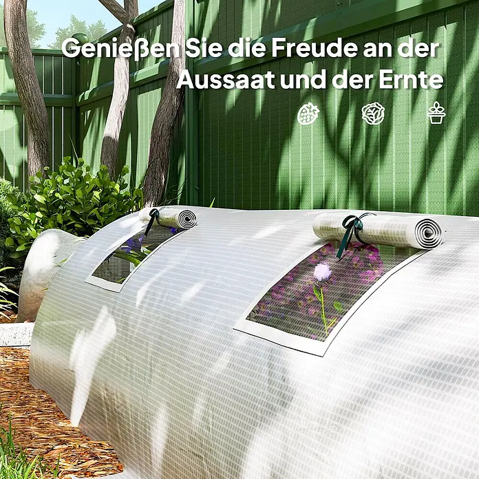 Outsunny Gewächshaus - 300 x 80 cm, Material Seitenwand: Kunststoff, 0,3 mm, Dunkelgrau - Gartentunnel aus transparenter Folie mit aufrollbaren Öffnungen, Pflanzen im Inneren.