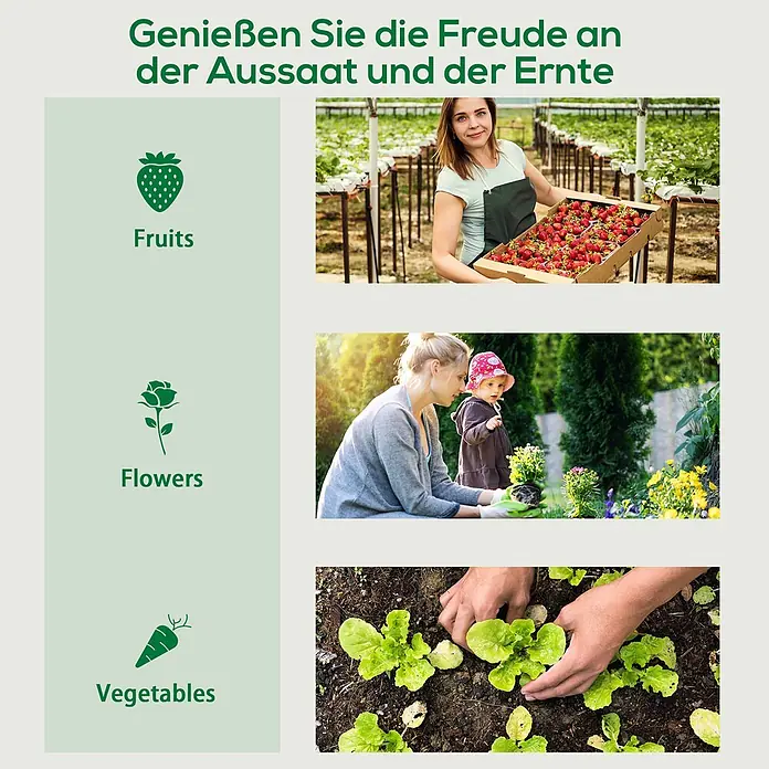 Outsunny Gewächshaus - 200 x 76 cm, Material Seitenwand: Kunststoff, 0,3 mm, Grün - Garten-Collage: Frau erntet Erdbeeren, Frau und Kind pflanzen Blumen, Hände pflanzen Gemüse, dazu Obst-, Blumen- und Gemüsesymbole.