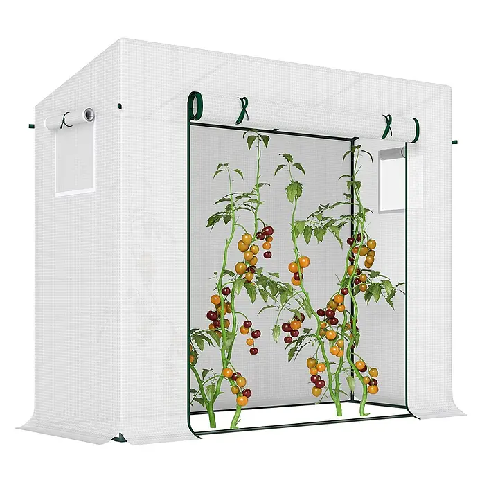 Outsunny Gewächshaus - 200 x 76 cm, Material Seitenwand: Kunststoff, 0,3 mm, Grün - Weißes Mini-Gewächshaus mit grünem Rahmen, aufrollbarer Front und Seitenfenster, gefüllt mit Tomatenpflanzen.