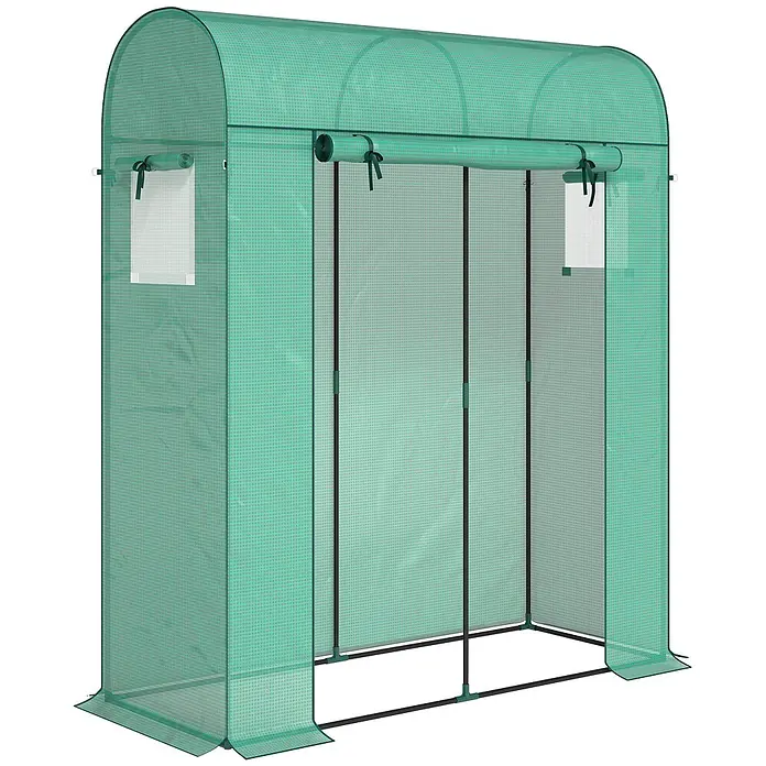 Furnicato Gewächshaus - 68 x 170 cm, Material Seitenwand: Stahl, 14 mm, Grün - Grünes begehbares Gewächshaus mit Runddach, aufrollbarer Front und Seitenfenstern, gestützt von einem Metallrahmen.