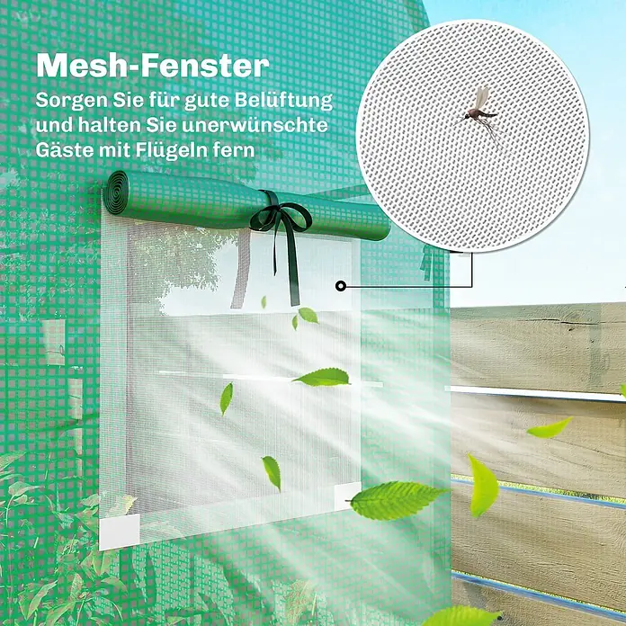 Outsunny Gewächshaus - 170 x 68 cm, Material Seitenwand: Kunststoff, 0,3 mm, Grün - Grünes Gewächshaus mit aufrollbarem Netzfenster für Belüftung und Insektenschutz. Eine Mücke ist am feinen Netz zu sehen.