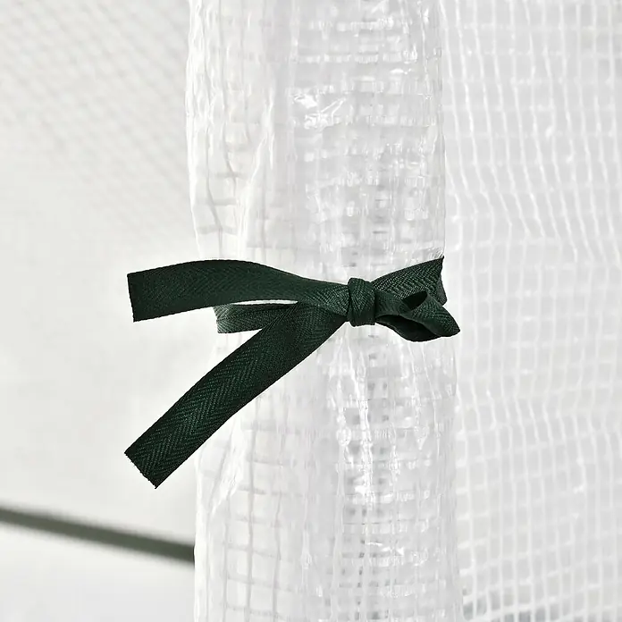 Furnicato Gewächshaus - 100 x 180 cm, Material Seitenwand: Kunststoff, 14 mm, weiß - Dunkelgrünes Band um transparente, gitterverstärkte Gewächshausfolie gebunden.