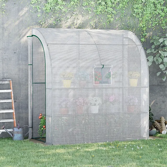 Outsunny Gewächshaus Weiß, 200cm x 100cm x 215cm - 200 x 100 cm, Material Seitenwand: Kunststoff, 0,3 mm, Grün - Begehbares Gewächshaus mit weißer, gittergemusterter, lichtdurchlässiger Abdeckung und grünem Rahmen im Garten.