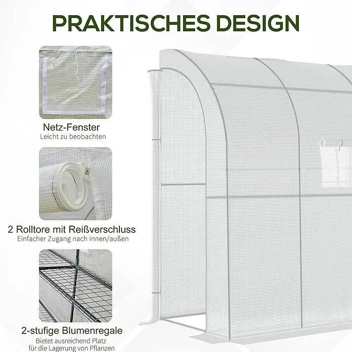 Outsunny Gewächshaus Weiß, 200cm x 100cm x 215cm - 200 x 100 cm, Material Seitenwand: Kunststoff, 0,3 mm, Grün - Weißes Gewächshaus mit Netzfenstern, aufrollbarer Reißverschluss-Tür und zweistufigen Pflanzenregalen.