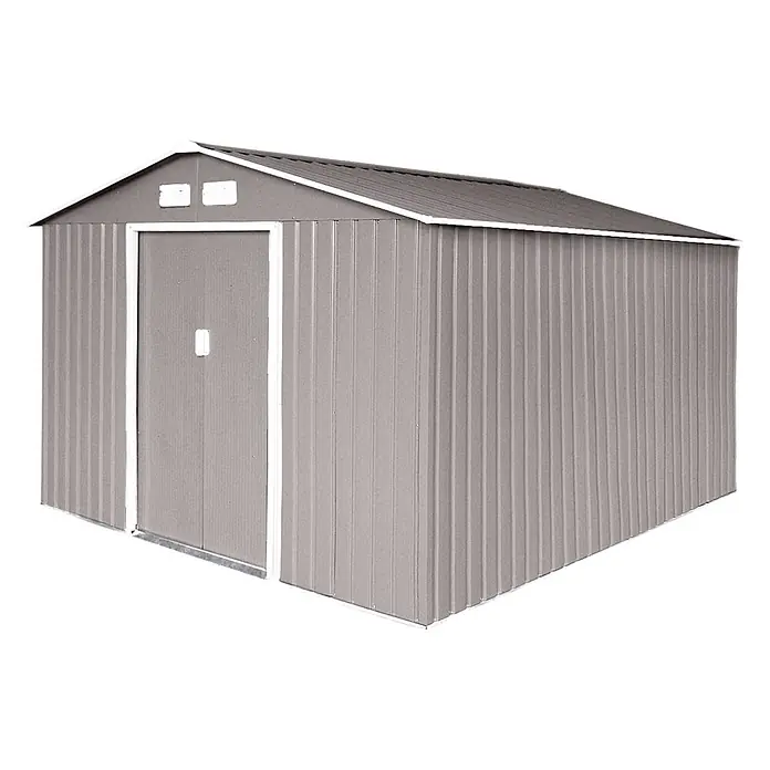 HATTORO Gerätehaus S300 - Außenbreite inkl. Dachüberstand: 277 cm, Außentiefe inkl. Dachüberstand: 319 cm, Stahl, Grau - Graues Wellblech-Gartenhaus mit Satteldach, Doppeltüren und zwei kleinen Lüftungsöffnungen.