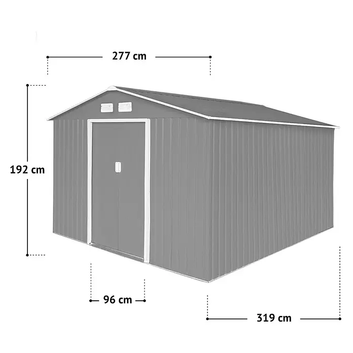 HATTORO Gerätehaus - Außenbreite inkl. Dachüberstand: 277 cm, Außentiefe inkl. Dachüberstand: 319 cm, Stahl, Grau - Grauer Metall-Gartenschuppen mit Satteldach und Tür, Maße 277x319x192 cm.