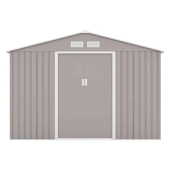 HATTORO Gerätehaus S200 - Außenbreite inkl. Dachüberstand: 277 cm, Außentiefe inkl. Dachüberstand: 191 cm, Stahl, Grau - Graues Metallgerätehaus mit weißer Zierleiste, Satteldach, Doppeltüren und zwei Lüftungsschlitzen.