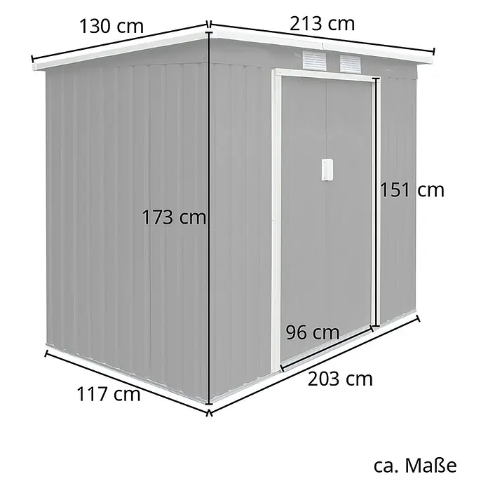 HATTORO Gerätehaus P100 213 ×130×173cm (LxBxH) - Außenbreite inkl. Dachüberstand: 213 cm, Außentiefe inkl. Dachüberstand: 130 cm, Stahl, Anthrazit - Graues Metall-Gartenhaus mit Maßangaben.