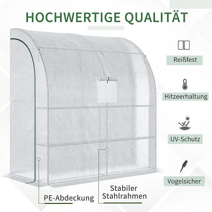 Outsunny Gewächshaus Weiß, 200cm x 100cm x 215cm - 200 x 100 cm, Material Seitenwand: Kunststoff, 0,3 mm, Grün - Weißes, reißfestes PE-Gewächshaus mit stabilem Stahlrahmen, für Hitzespeicherung, UV-Schutz und Vogelschutz.