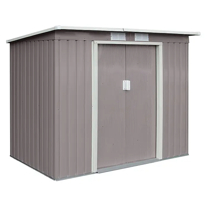HATTORO Gerätehaus P100 - Außenbreite inkl. Dachüberstand: 213 cm, Außentiefe inkl. Dachüberstand: 130 cm, Stahl, Grau - Taupefarbener Wellblech-Geräteschuppen mit weißer Verkleidung, Doppelschiebetür und oberen Lüftungsschlitzen.