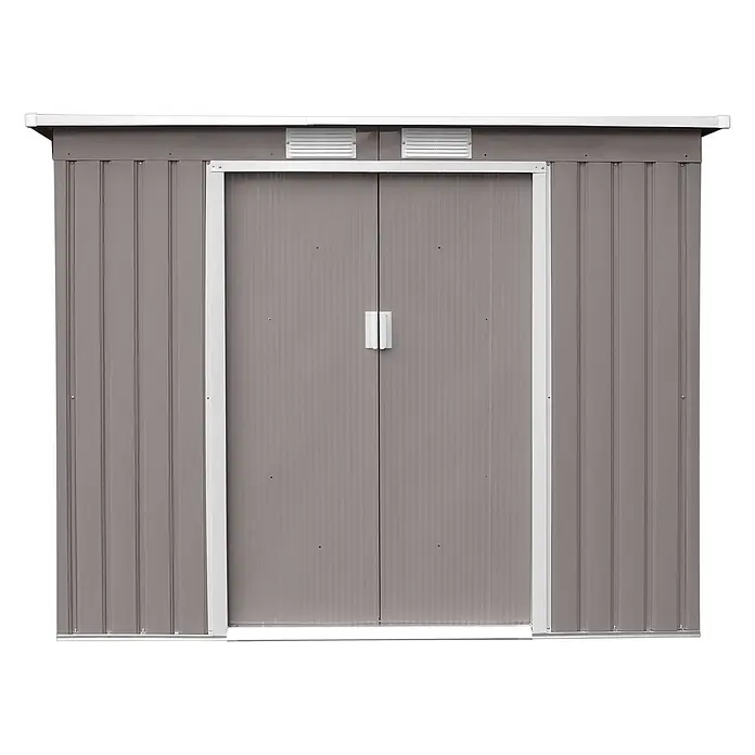 HATTORO Gerätehaus P100 213×130×173cm (LxBxH) - Außenbreite inkl. Dachüberstand: 213 cm, Außentiefe inkl. Dachüberstand: 130 cm, Stahl, Grau - Grauer Metall-Gartenschuppen mit weißen Zierleisten, Doppeltüren und oberen Lüftungsschlitzen.