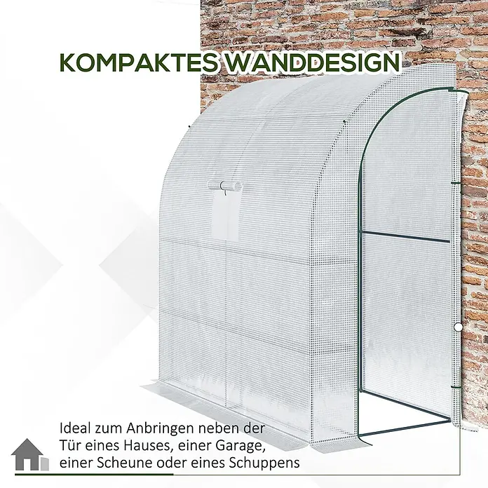 Outsunny Gewächshaus Weiß, 200cm x 100cm x 215cm - 200 x 100 cm, Material Seitenwand: Kunststoff, 0,3 mm, Grün - Kompaktes, transparentes Anlehn-Gewächshaus mit grünem Rahmen, ideal für Wandanbau und kleine Räume.