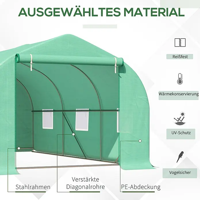 Furnicato Gewächshaus - Außenmaß inkl. Dachüberstand (B x T): 300 x 450 cm, Material Seitenwand: Stahl, 14 mm, Grün - Grünes Gewächshaus mit PE-Abdeckung, Stahlrahmen und verstärkten Diagonalrohren. Reißfest, wärmekonservierend, UV- und vogelsicher.