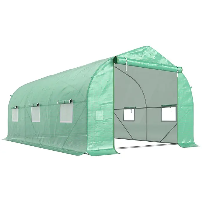 Furnicato Gewächshaus - 300 x 450 cm, Material Seitenwand: Stahl, 14 mm, Grün - Grünes Tunnelgewächshaus mit lichtdurchlässiger Abdeckung, mehreren aufrollbaren Seitenfenstern und großem Rolltor.