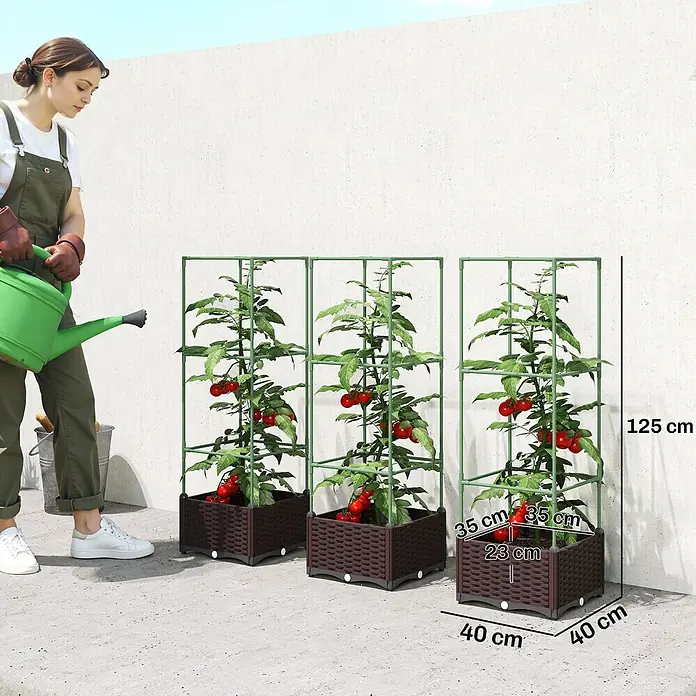 Outsunny Hochbeet - Stahl, Braun - Braune Pflanzgefäße in Rattan-Optik mit grünen Rankhilfen für Tomaten, bewässert, 125 cm hoch.