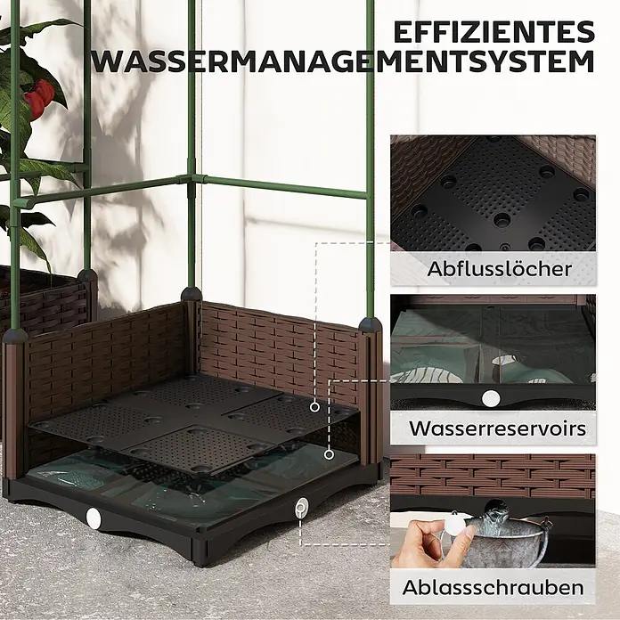 Outsunny Hochbeet - Stahl, Braun - Braunes Hochbeet im Rattan-Stil mit grünem Rahmen, das sein effizientes Wassermanagementsystem mit Abflusslöchern, Wasserreservoirs und Ablassschraube zeigt.