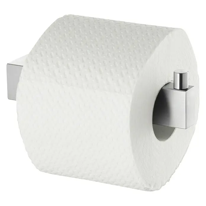 Zack Linea Toilettenpapierhalter - Edelstahl, Matt - Nahaufnahme einer Toilettenpapierrolle auf einem modernen, verchromten Halter, der Funktionalität und elegantes Design vereint.