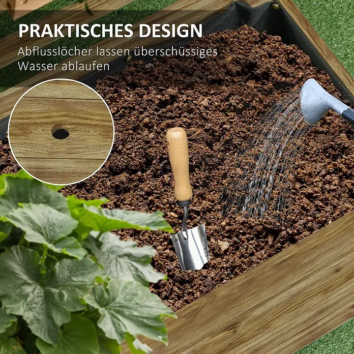 Outsunny Hochbeet - 76 x 30 x 155 cm, Holz, Naturholz - Hölzernes Hochbeet mit Erde wird gegossen, wobei Abflusslöcher für überschüssiges Wasser hervorgehoben werden.