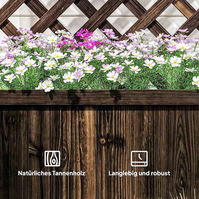 Outsunny Hochbeet - 72,5 x 31,5 x 149,5 cm, Holz, Braun - Dunkelbrauner, robuster Blumenkasten aus natürlichem Tannenholz, gefüllt mit weißen, rosa und fuchsiafarbenen Blüten.