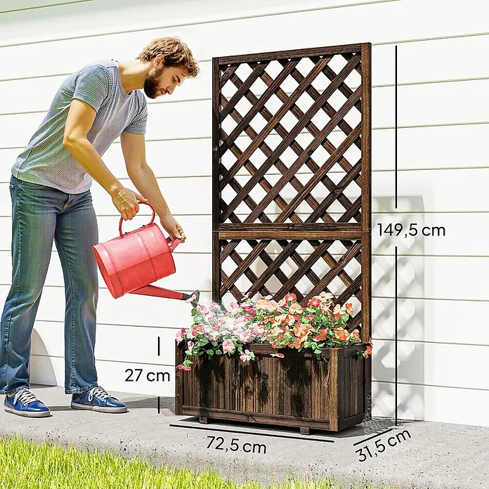 Outsunny Hochbeet - 72,5 x 31,5 x 149,5 cm, Holz, Braun - Dunkelbrauner Holzpflanzkasten mit Spalier, im Freien mit Blumen, die von einer Person gegossen werden. Gesamthöhe 149,5 cm.