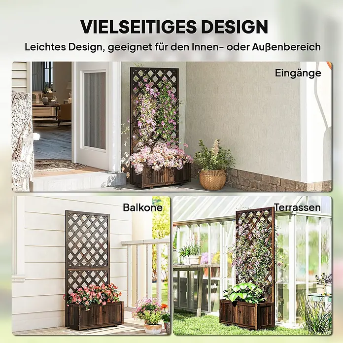 Outsunny Hochbeet - 72,5 x 31,5 x 149,5 cm, Holz, Braun - Dunkelbrauner Holzpflanzkasten mit Spalier, vielseitig für Eingang, Balkon und Terrasse, mit Blumen und Kletterpflanzen gefüllt.