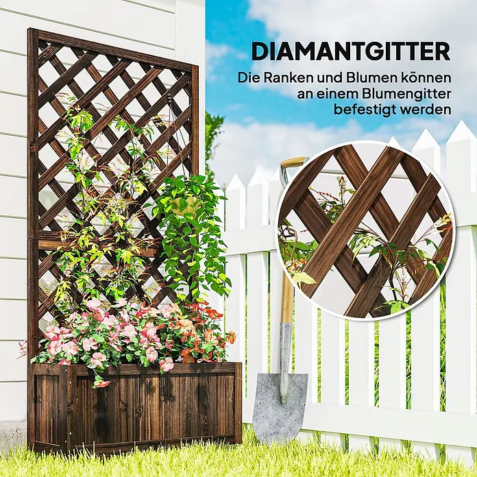 Outsunny Hochbeet - 72,5 x 31,5 x 149,5 cm, Holz, Braun - Dunkelbrauner hölzerner Blumenkasten mit integriertem Rankgitter, gefüllt mit bunten Kletterpflanzen und Blumen im Garten.
