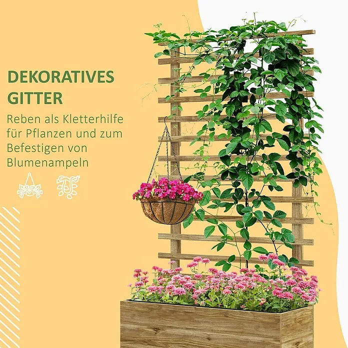 Outsunny Hochbeet - 76 x 30 x 155 cm, Holz, Naturholz - Dekoratives Holzgitter mit Kletterpflanzen und hängendem Blumenkorb über einem Holzkasten mit rosa Blüten.