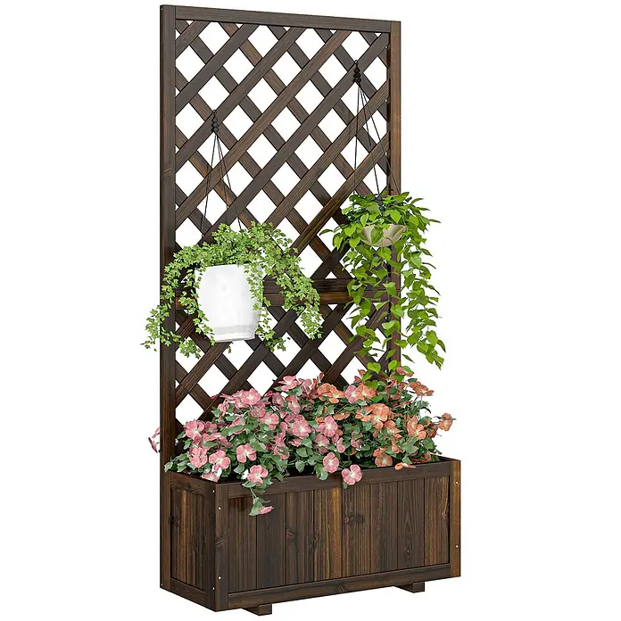 Outsunny Hochbeet - 72,5 x 31,5 x 149,5 cm, Holz, Braun - Dunkelbrauner Holz-Pflanzkasten mit integriertem Spalier, der Hängetöpfe und bunte Blumen enthält.