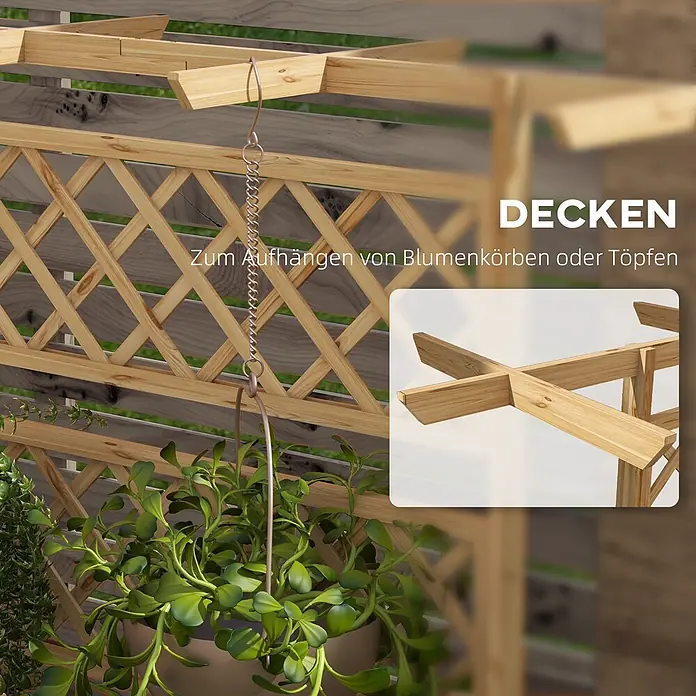 Furnicato Hochbeet - 183 x 55 x 183 cm, Holz, Naturholz - Helle Holzpergola mit Pflanzenhaken, ideal zum Aufhängen von Blumenkörben oder Töpfen.