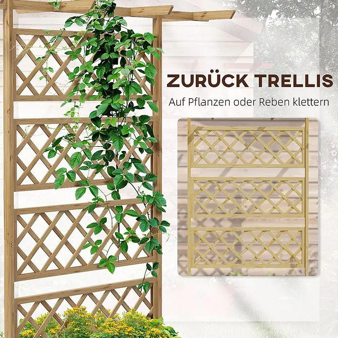Furnicato Hochbeet - 183 x 55 x 183 cm, Holz, Naturholz - Holzgitter für Kletterpflanzen mit grüner Ranke, plus Einsatz von drei leeren Gitterpaneelen.