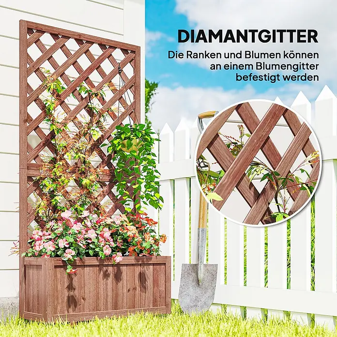 Outsunny Hochbeet mit Rankhilfe - 72,5 x 31,5 x 149,5 cm, Holz, Orange - Brauner Holz-Pflanzkasten mit Rautenrankgitter für Kletterpflanzen und Blumen.
