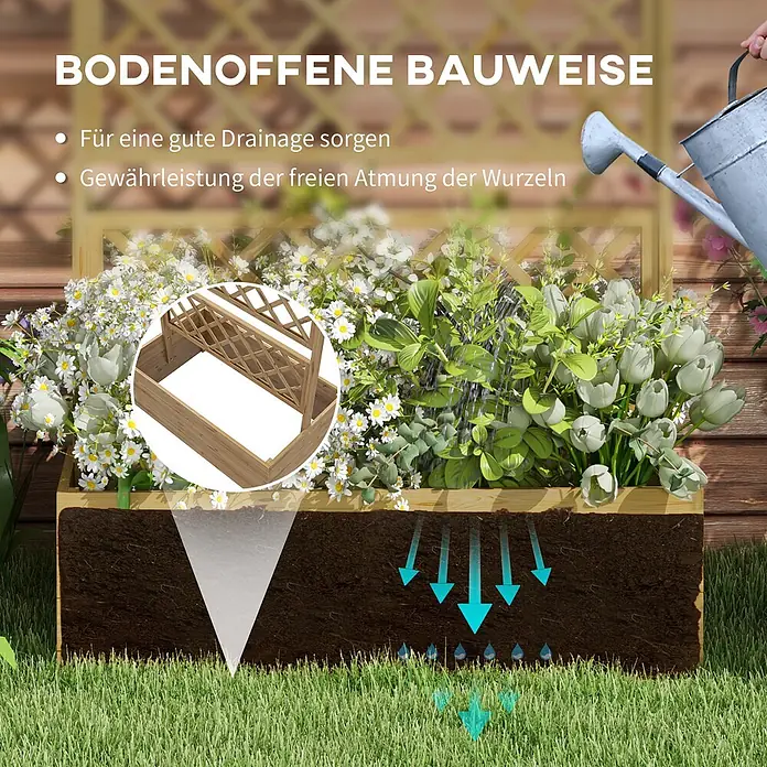 Furnicato Hochbeet - 183 x 55 x 183 cm, Holz, Naturholz - Hölzernes Hochbeet mit offener Bauweise für gute Drainage und Wurzelbelüftung. Wasser sickert sichtbar durch den Boden ab.