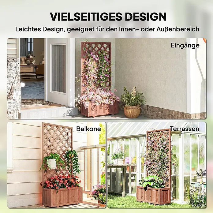 Outsunny Hochbeet mit Rankhilfe - 72,5 x 31,5 x 149,5 cm, Holz, Orange - Brauner Holz-Pflanzkasten mit Rankgitter für Kletterpflanzen, gezeigt in verschiedenen Innen- und Außenbereichen wie Eingängen, Balkonen und Terrassen.