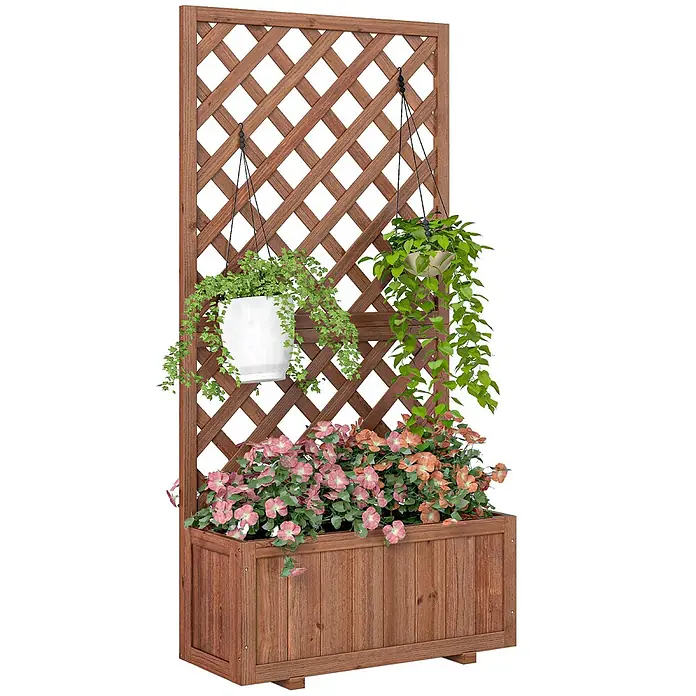 Outsunny Hochbeet mit Rankhilfe - 72,5 x 31,5 x 149,5 cm, Holz, Orange - Braunes Holzpflanzgefäß mit diagonalem Spalier, mit Hängepflanzen und Topfblumen.