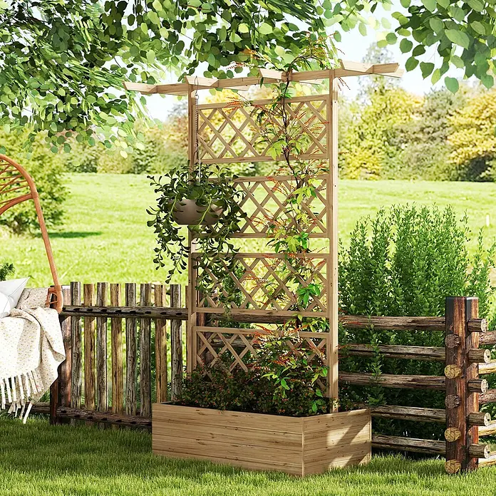 Furnicato Hochbeet - 183 x 55 x 183 cm, Holz, Naturholz - Gartenspalier aus Naturholz mit integriertem Pflanzkasten, das Kletterpflanzen im Außenbereich stützt.