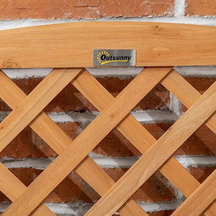 SONNENH Hochbeet mit Rankhilfe - Holz, gelb - Hölzernes Gartenspalier mit diagonalem Gitterdesign und 'Outsunny'-Markenschild, an eine rustikale Ziegelwand gelehnt.